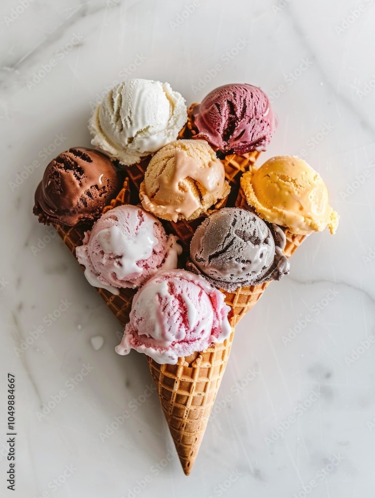 Poster cone of ice cream with six different flavors. the ice cream is in a waffle cone and is arranged in a