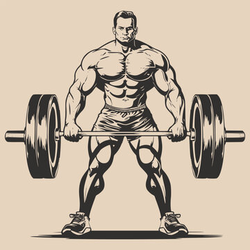 Vintage retro engraving woodcut style sketch draw paint of gym fit sport powerlifter bodubuilder man with barbell