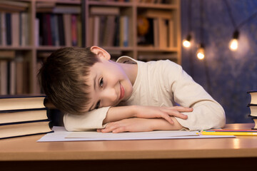 Happy child surrounded by stacks of vintage books in a warm library setting, evoking themes of...