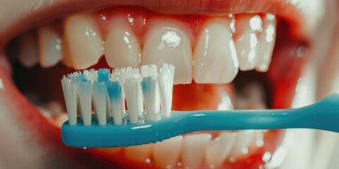 Obraz premium Person is brushing their teeth with a blue toothbrush. The image conveys the importance of maintaining good oral hygiene and taking care of one's teeth