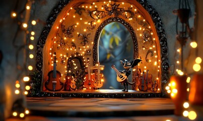 A black bat plays guitar on a stage with string