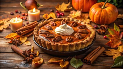 A rustic autumnal table setting featuring a freshly baked pecan pie adorned with a swirl of whipped cream, surrounded by cinnamon sticks, star anise, fall leaves, and pumpkins.