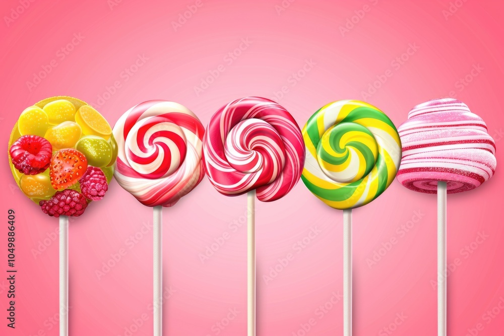 Poster row of lollipops with different colors and flavors. the lollipops are arranged in a row, with some b