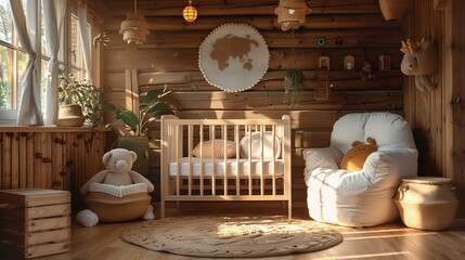 Obraz premium Cozy Wooden Nursery with Crib and Plush Toys
