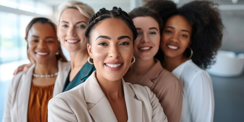Group of women are smiling for a photo. They are all dressed in business attire. Scene is happy and friendly
