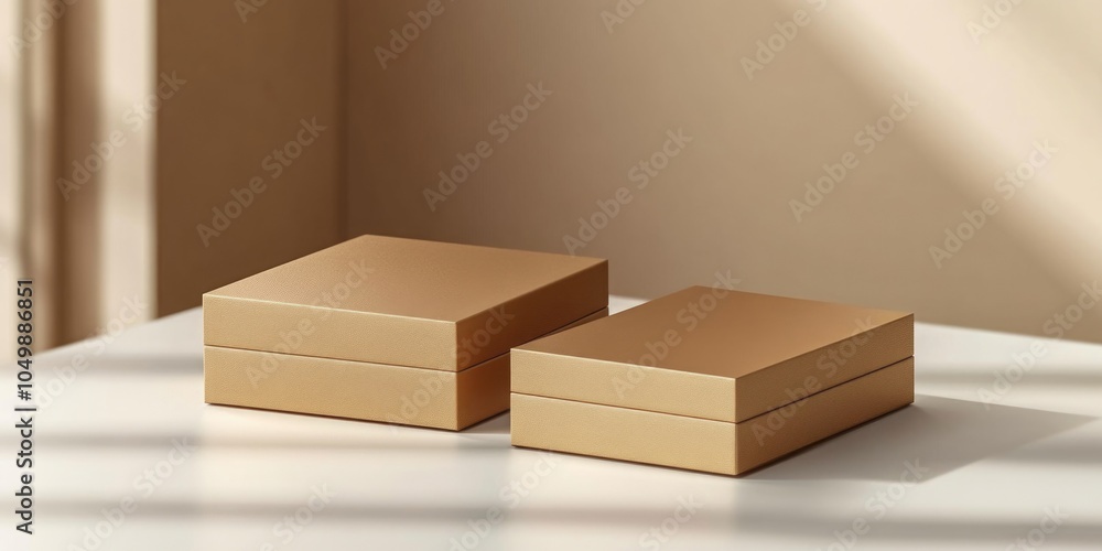 Aufkleber two boxes of gold color are placed on a white table. the boxes are identical in size and shape