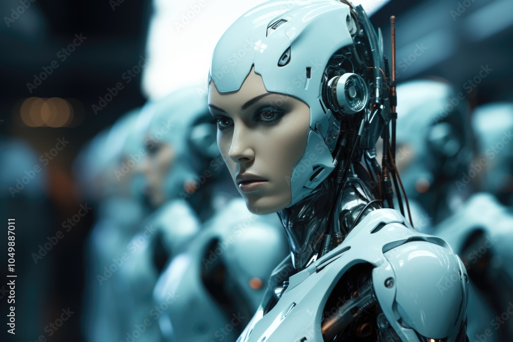 Poster woman in a white robot suit stands in front of a group of robots. the image conveys a futuristic and