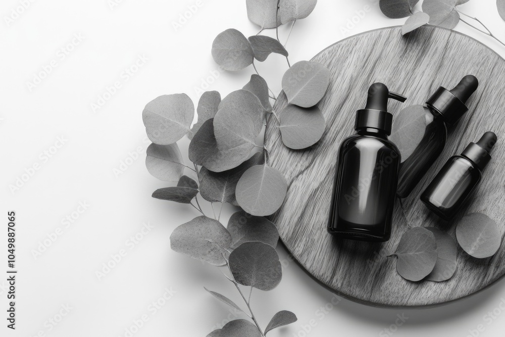 Poster three bottles of perfume are displayed on a wooden surface with leaves in the background. the bottle