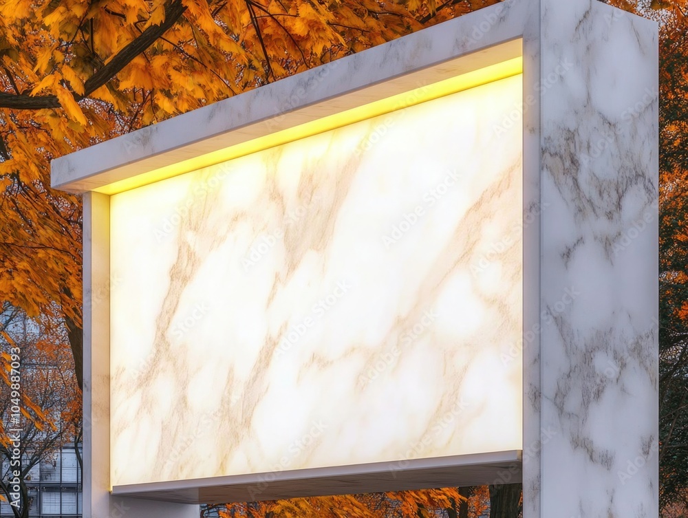 Poster white marble sign with a yellow border. the sign is empty and has a marble texture. the sign is surr