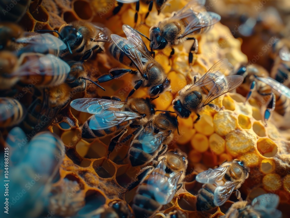 Poster group of bees are gathered around a honeycomb. the bees are busy collecting nectar and pollen from t