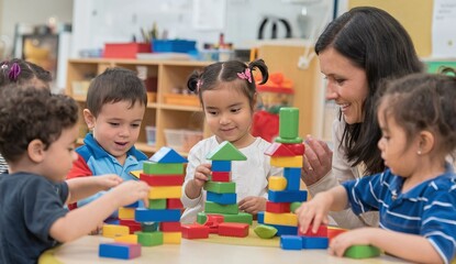 Fototapeta premium Teacher Engaging Young Children in Play-Based Learning with Building Blocks