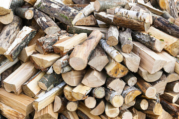 Firewood stacked for winter heating. Chopped wood pile with branches ready for seasonal storage. Forestry industry resource. Woodcut logs and branches grouped together. Sustainable fuel source.