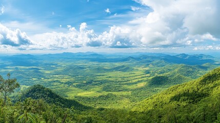 Fototapeta premium Panoramic view from Phu Ruea National Park, showcasing the vast green mountains and