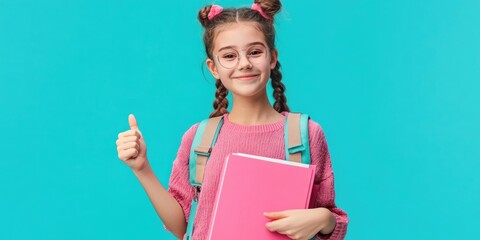 Girl wearing glasses and pink clothing is holding a pink book. She is giving a thumbs up sign
