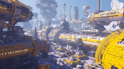Space Station Marketplace: Futuristic Space Mining 3D Render with Diverse Alien Species and Advanced Technology