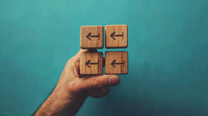 hand and a box with an arrow on the blue wall