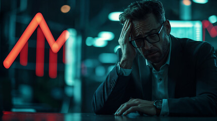 Sad businessman reviewing a documents and working on a computer