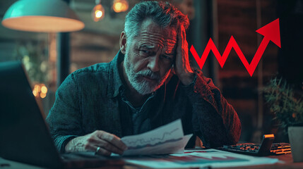 Sad businessman reviewing a documents and working on a computer