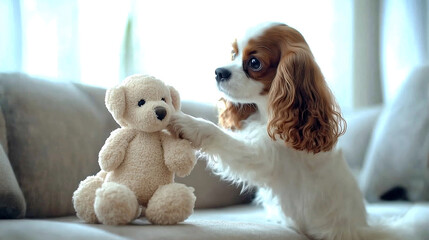 Fototapeta premium Cavalier King Charles Spaniel pawing at a soft plush toy in a modern home living room; clear, vibrant colors, depth of field highlights dog’s playful nature