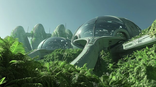 Futuristic Space Mining Base Amid Lush Alien Vegetation - Ultra-Detailed 3D Render Illustration