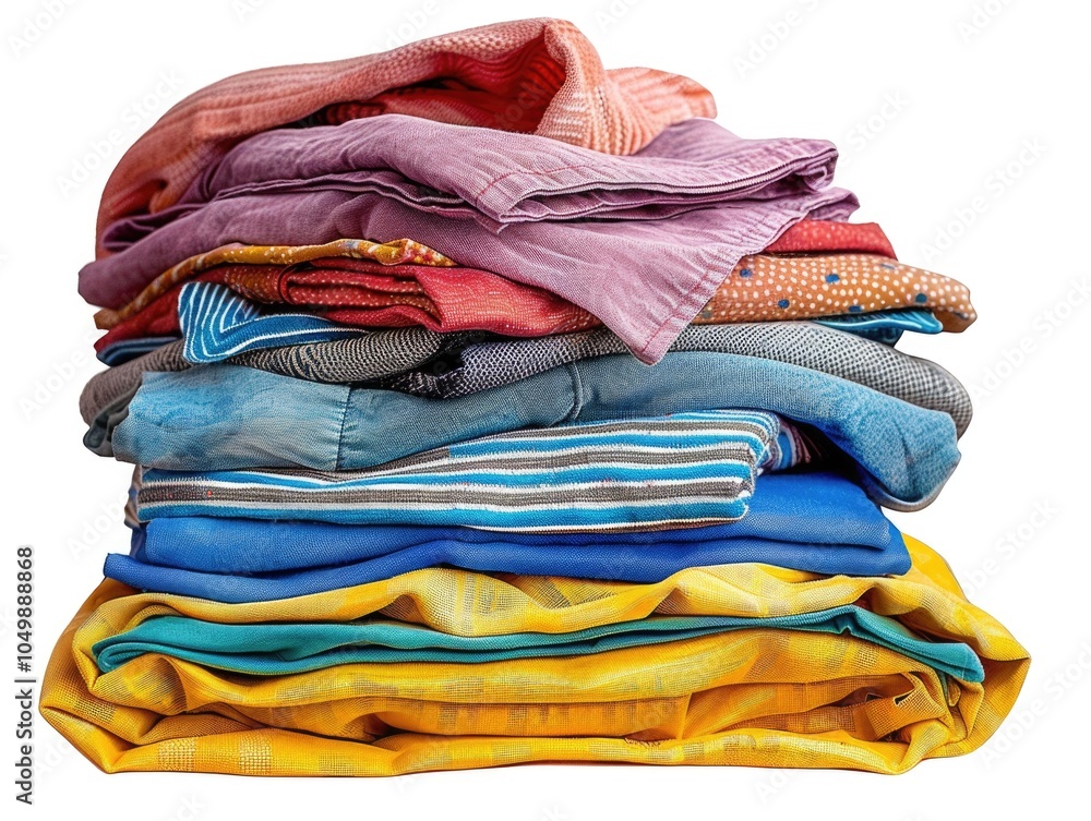 Poster pile of colorful clothes stacked on top of each other. the clothes are of different colors and patte