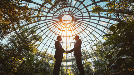 two business man shaking their hands inside eco friendly building