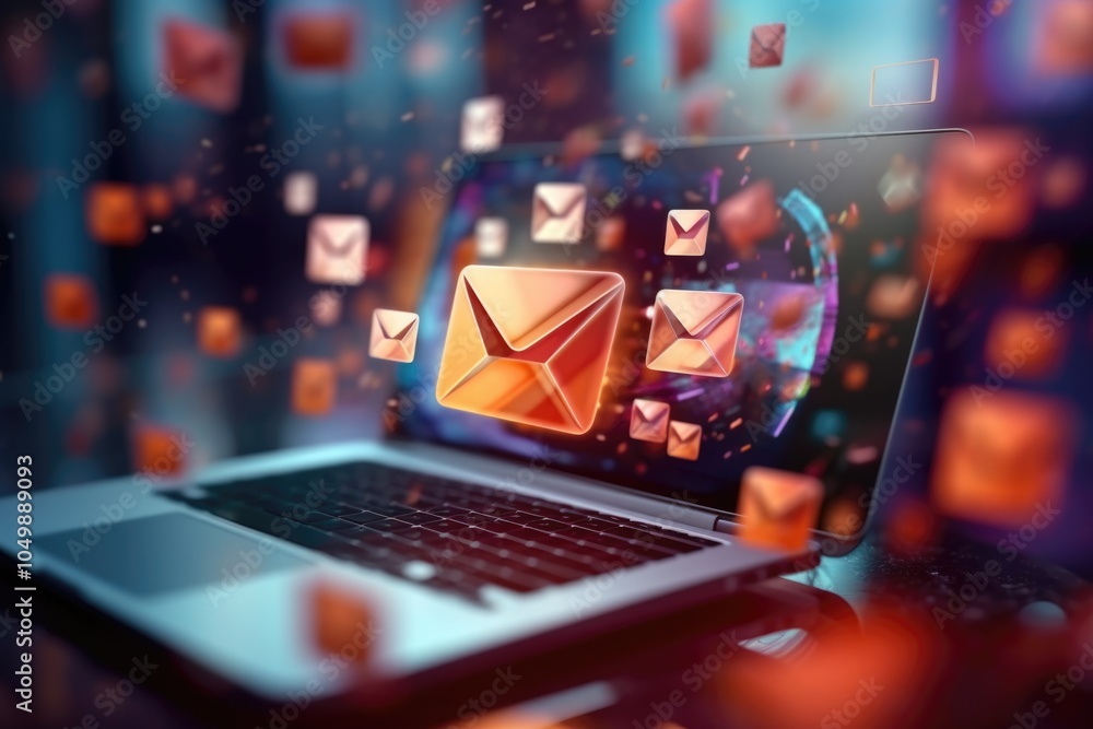 Poster laptop screen shows a bunch of emails with a red envelope in the middle. concept of a busy workday w