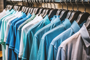 Fototapeta premium Row of men's polo shirts in wardrobe or store