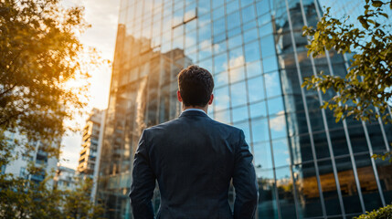 a businessman looking at the building