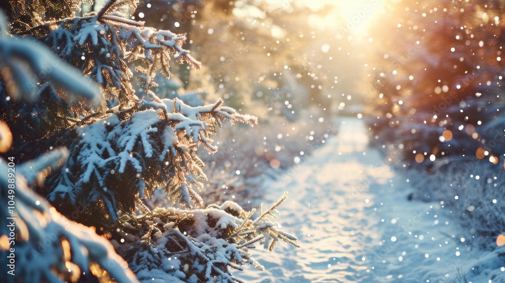 Poster snow covered path with a tree in the background. the snow is falling and the sun is shining through 