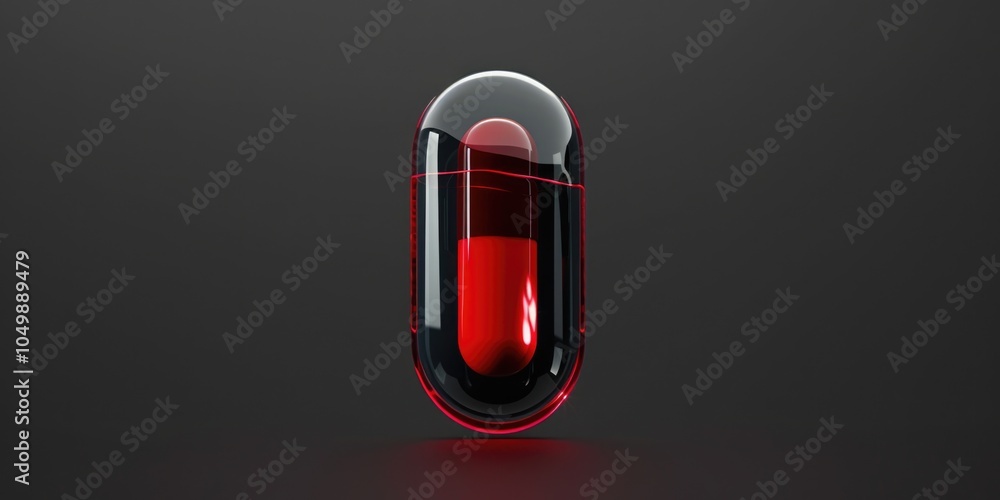 Poster pill is shown in a glass container with a red color. the pill is in the middle of the container and 