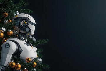 Fototapeta premium Robot with futuristic present beside a tree filled with ornaments symbolizing the merging of AI and festive spirit side view digital tone Tetradic color scheme