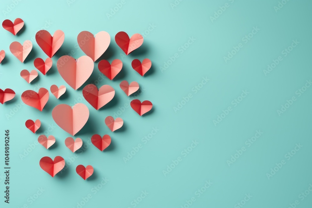 Poster blue background with a bunch of red hearts scattered around it. the hearts are all different sizes a