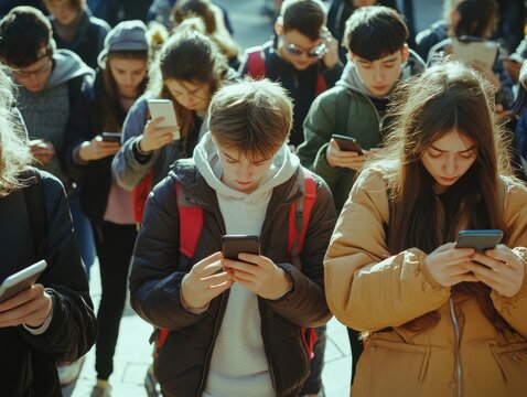 Group of people are walking down the street, all of them looking at their cell phones. Concept of disconnection and isolation, as the people are more focused on their devices than on each other