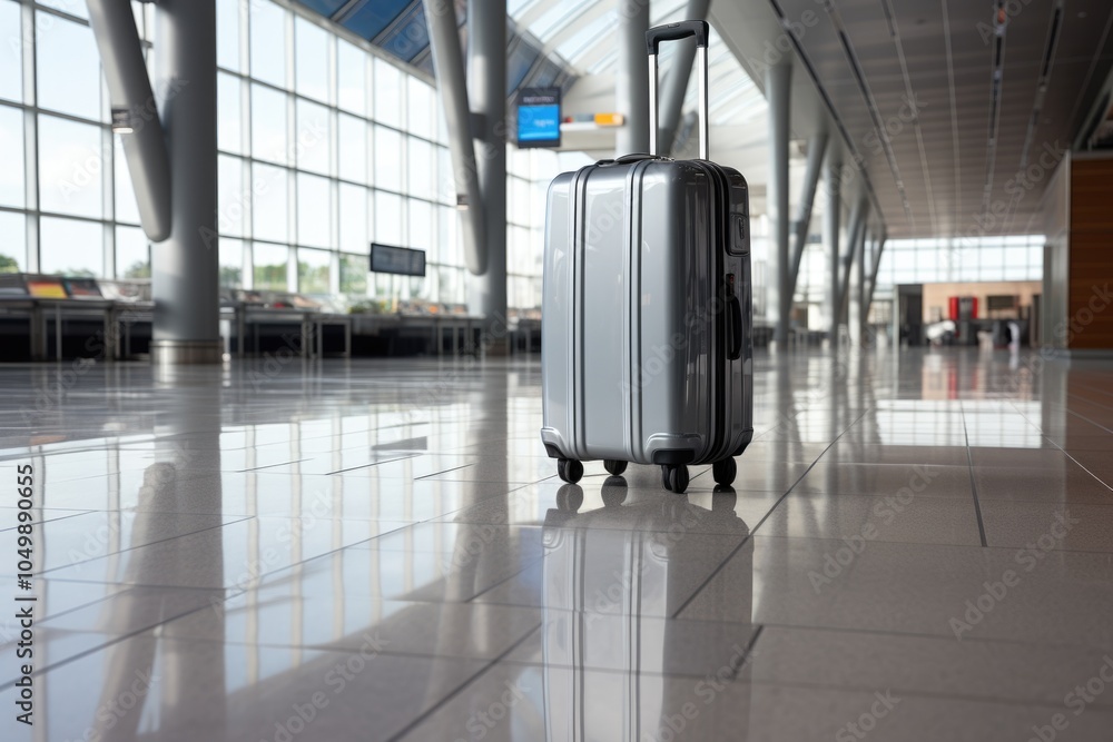 Poster silver suitcase is sitting on the floor in a large airport terminal. the suitcase is open and ready 
