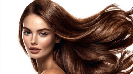 Fototapeta premium Elegant woman with long, flowing brown hair in a dynamic pose, looking confidently at the viewer against a white background, styled in sleek digital artwork.