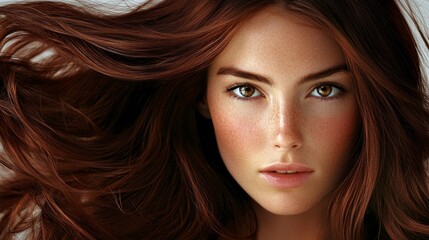 Naklejka premium Close-up of a woman with flowing brown hair, intense gaze, and natural freckles in a detailed digital illustration with soft lighting and subtle shadows.