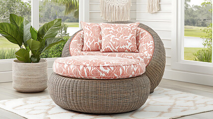 Boho-style rattan chair with floral cushions in a bright room