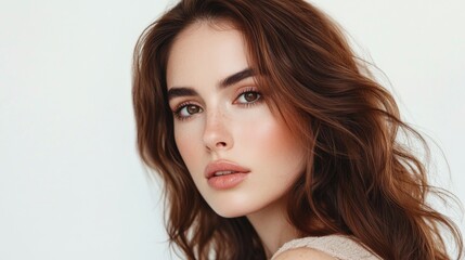 Fototapeta premium Close-up illustration of woman with soft facial expression, brown wavy hair, and natural makeup in minimalistic light background.