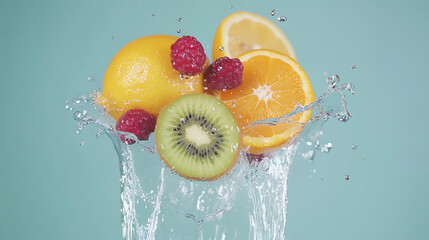 Fresh fruits splashing into water on a blue background
