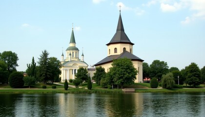 Fototapeta premium Tranquil waterside church a serene scene