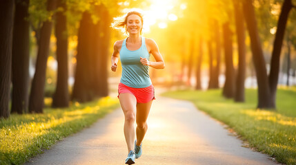 Fit woman jogging in a park during sunset