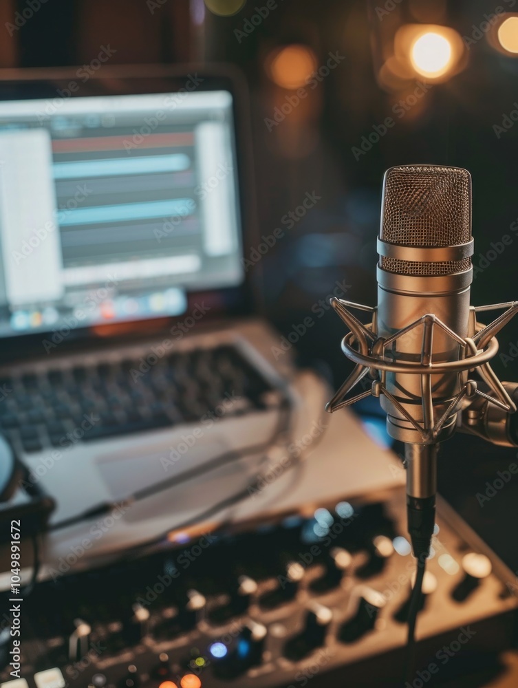 Poster microphone is on a table next to a laptop. the microphone is connected to a computer and is ready to