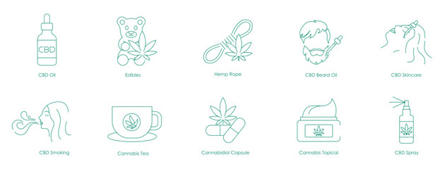 Naklejka premium Vector Icons for CBD Products, Including Oil, Edibles, and Skincare