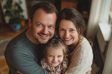 Fototapeta premium Family of three, a man, a woman and a child, are hugging each other. The woman is wearing a white sweater and the child is wearing a pink shirt. Scene is warm and loving