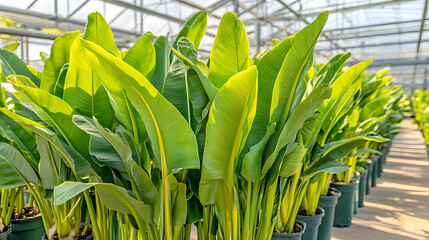 Large green plants growing inside a modern greenhouse