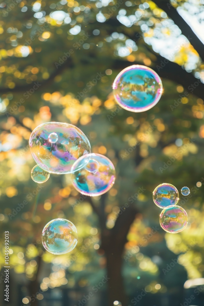 Poster bunch of colorful bubbles floating in the air. the bubbles are of different sizes and colors, creati