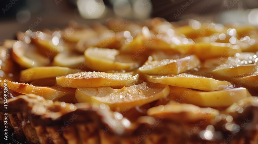 Poster pie with slices of apples on top. the pie is golden brown and looks delicious. the apples are cut in