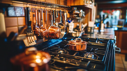 Modern kitchen with copper cookware and gas stove setup