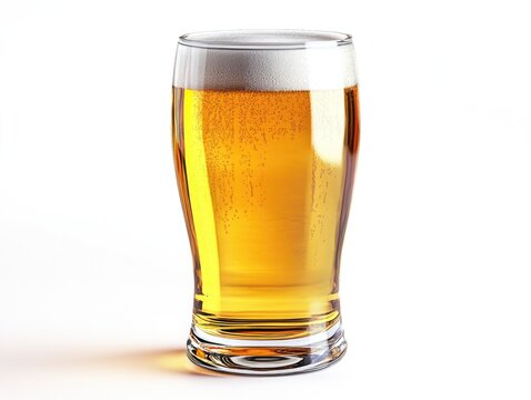 Glass of beer is sitting on a white background. The glass is half full and the beer is foamy. Concept of relaxation and enjoyment, as the glass of beer is a common beverage associated with leisure